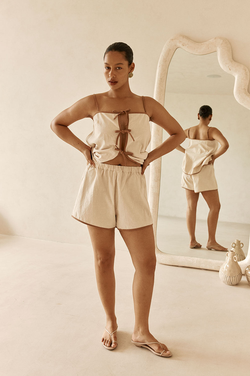 White Polo & Beige Stripe Shorts Set – Deolinda SS26 In Stock Now
